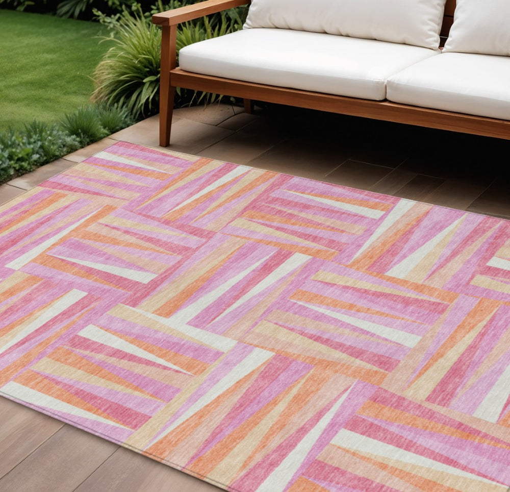 HomeRoots 9' X 12' Blush, Ivory & Orange Geometric Area Rug – Stylish, Washable, Indoor/Outdoor Versatility! 598248