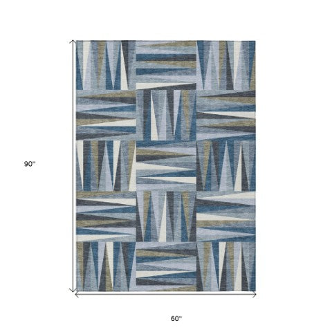 Homeroots 3' Stylish Geometric Beige Gray Ivory Washable Area Rug For Indoor And Outdoor Spaces, Durable Design 5' X 8' Polyester 598251