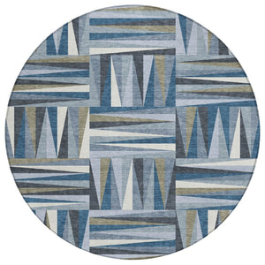 HomeRoots 5' Stylish Denim Blue Gray Ivory Geometric Area Rug - Washable, Durable, Indoor & Outdoor Use 8' Round 598252
