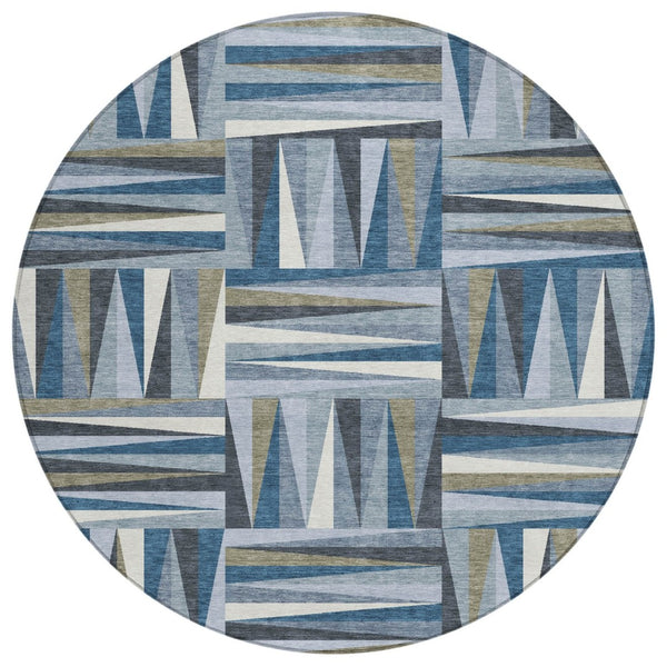 HomeRoots 5' Stylish Denim Blue Gray Ivory Geometric Area Rug - Washable, Durable, Indoor & Outdoor Use 8' Round 598252