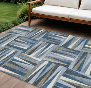 HomeRoots 5' Stylish Denim Blue Gray Ivory Geometric Area Rug - Washable, Durable, Indoor & Outdoor Use 8' X 10' 598253