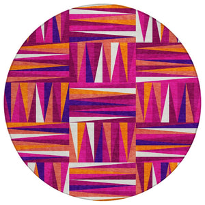 HomeRoots 5' Bold Red, Purple & Copper Geometric Indoor/Outdoor Area Rug - Durable, Washable & Stylish Design 8' Round 598258