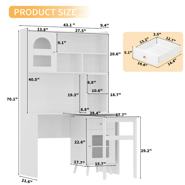 English Elm Computer Desk with 90 Degree Rotating Top, Space-Saving 43x70 Office Desk w/ Drawer, Shelves & Cabinets N733S363716K