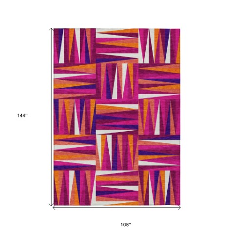 Homeroots 3' Stylish Geometric Beige Gray Ivory Washable Area Rug For Indoor And Outdoor Spaces, Durable Design 9' X 12' Polyester 598260