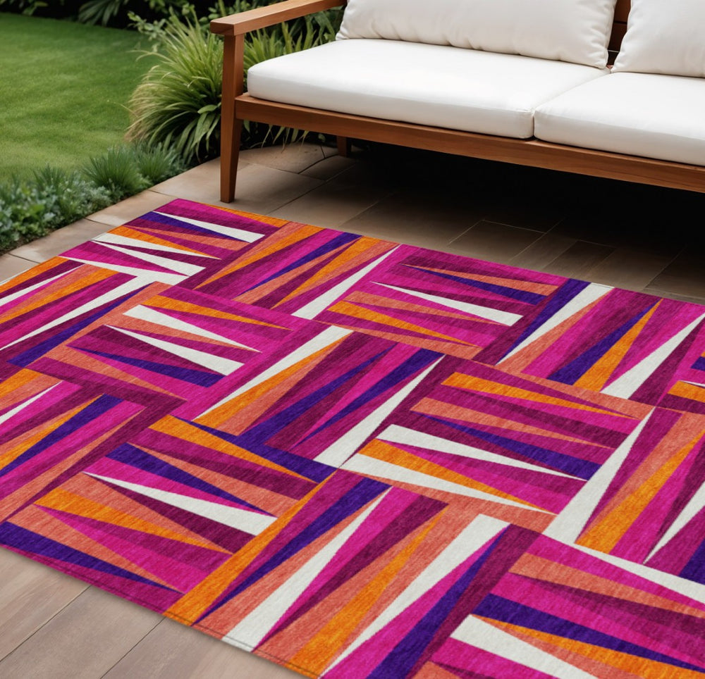 HomeRoots 9' X 12' Geometric Washable Area Rug in Vibrant Red, Purple & Copper – Indoor/Outdoor Durability 598260