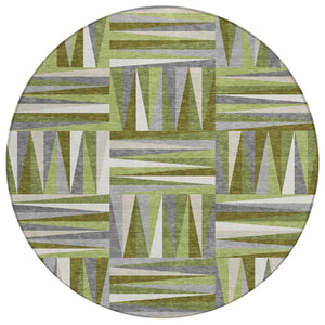 HomeRoots 5' Stylish Geometric Area Rug in Green, Gray & Ivory - Durable, Washable for Indoor & Outdoor Use 8' Round 598264