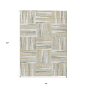 Homeroots 3' Stylish Geometric Beige Gray Ivory Washable Area Rug For Indoor And Outdoor Spaces, Durable Design 3' X 5' Polyester 598268