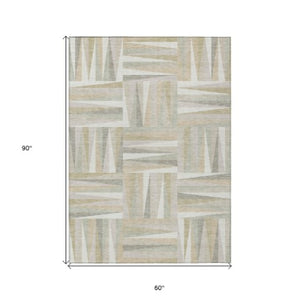 Homeroots 3' Stylish Geometric Beige Gray Ivory Washable Area Rug For Indoor And Outdoor Spaces, Durable Design 5' X 8' Polyester 598269
