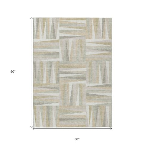 Homeroots 3' Stylish Geometric Beige Gray Ivory Washable Area Rug For Indoor And Outdoor Spaces, Durable Design 5' X 8' Polyester 598269