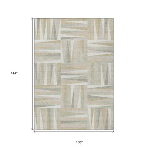 Homeroots 3' Stylish Geometric Beige Gray Ivory Washable Area Rug For Indoor And Outdoor Spaces, Durable Design 9' X 12' Polyester 598272