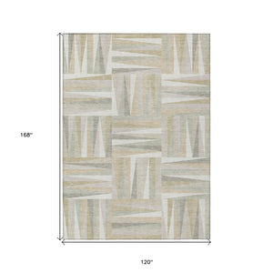 Homeroots 3' Stylish Geometric Beige Gray Ivory Washable Area Rug For Indoor And Outdoor Spaces, Durable Design 10' X 14' Polyester 598273