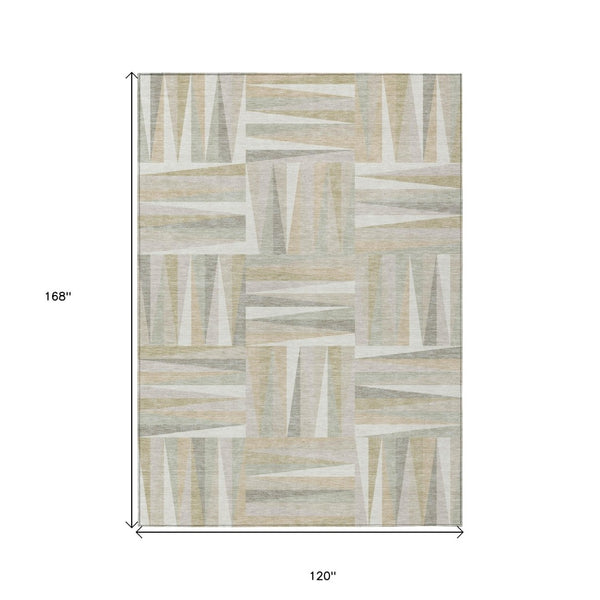 Homeroots 3' Stylish Geometric Beige Gray Ivory Washable Area Rug For Indoor And Outdoor Spaces, Durable Design 10' X 14' Polyester 598273