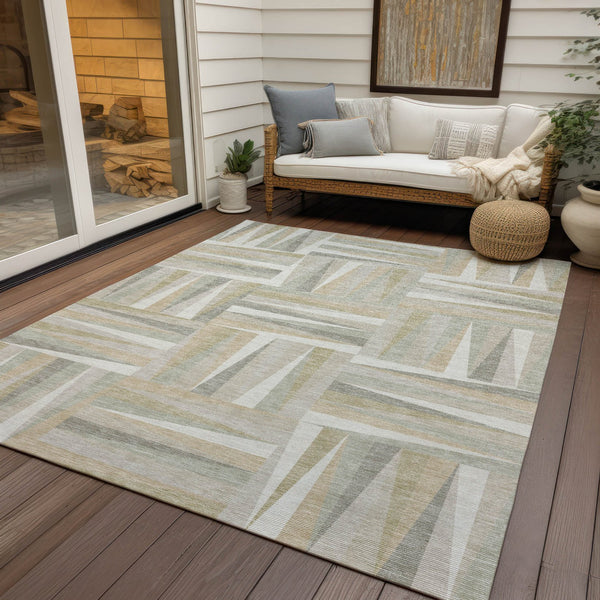 Homeroots 3' Stylish Geometric Beige Gray Ivory Washable Area Rug For Indoor And Outdoor Spaces, Durable Design 10' X 14' Polyester 598273