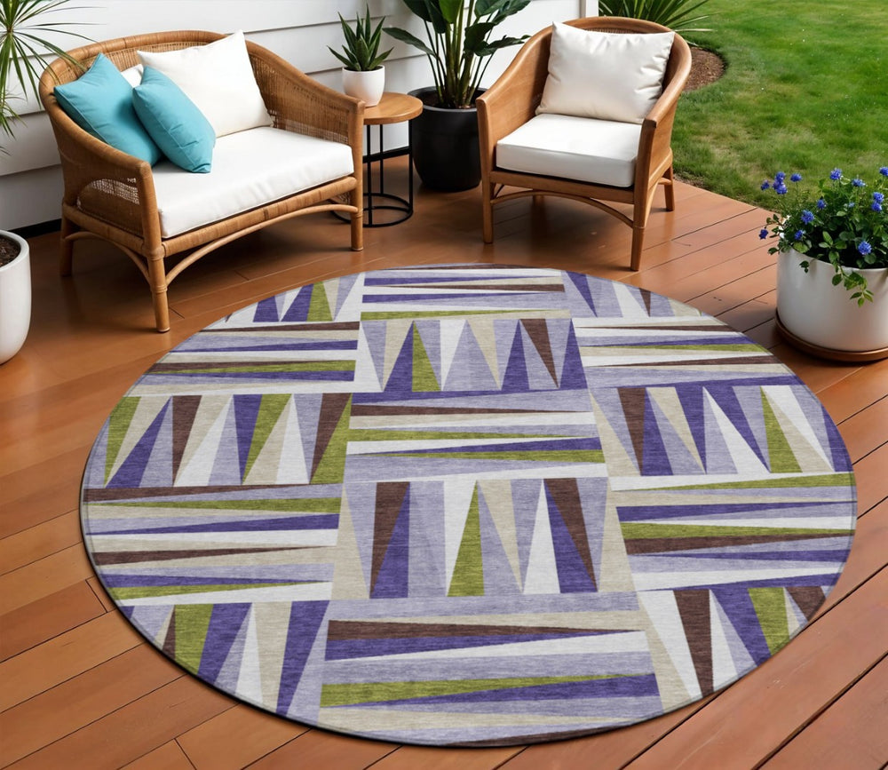 HomeRoots 5' Geometric Washable Area Rug in Lavender, Brown, and Green - Perfect for Indoor and Outdoor Spaces! 8' Round 598276