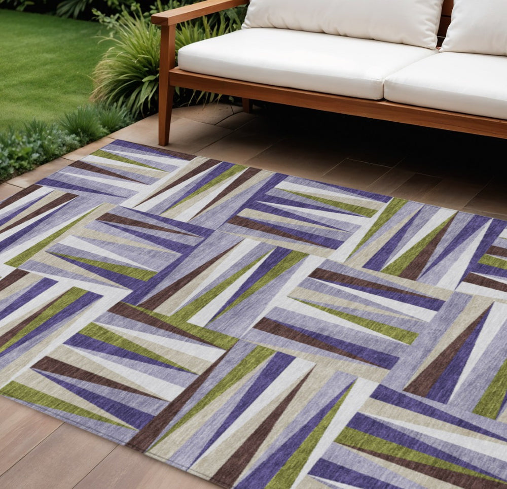 HomeRoots 9' X 12' Stylish Lavender, Brown & Green Geometric Washable Area Rug for Indoor & Outdoor Use 598278