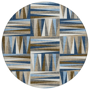 HomeRoots 5' Geometric Area Rug in Navy Blue, Brown & Beige - Stylish, Washable & Durable for Indoor/Outdoor Use 8' Round 598282