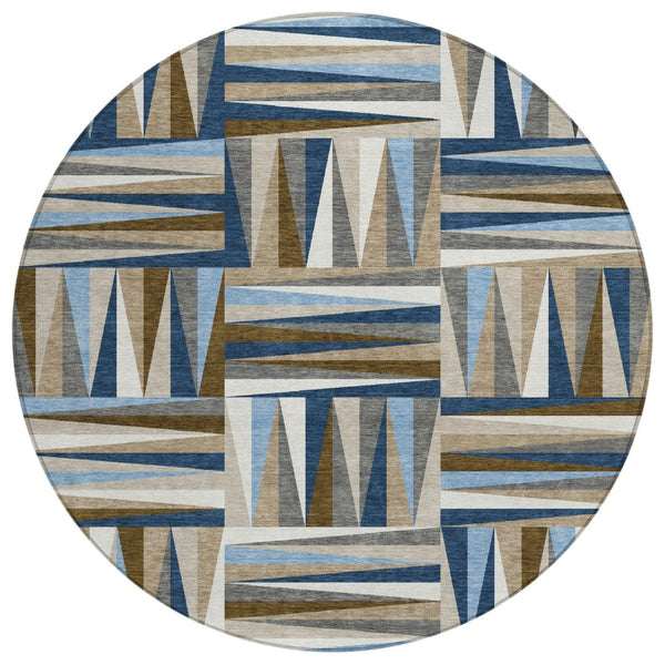 HomeRoots 5' Geometric Area Rug in Navy Blue, Brown & Beige - Stylish, Washable & Durable for Indoor/Outdoor Use 8' Round 598282