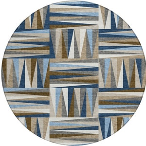 Homeroots 3' Stylish Geometric Beige Gray Ivory Washable Area Rug For Indoor And Outdoor Spaces, Durable Design 8' Round Polyester 598282