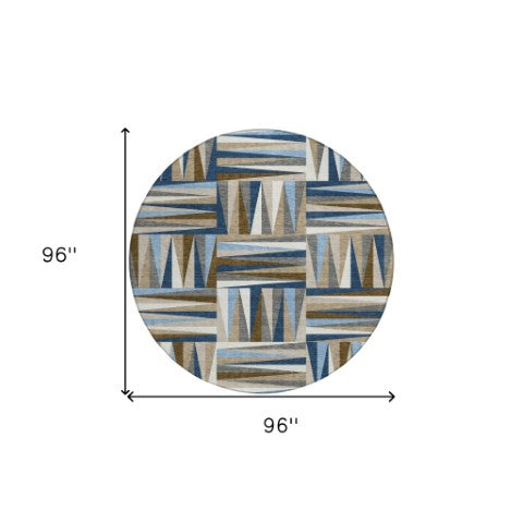 Homeroots 3' Stylish Geometric Beige Gray Ivory Washable Area Rug For Indoor And Outdoor Spaces, Durable Design 8' Round Polyester 598282