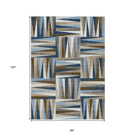 Homeroots 3' Stylish Geometric Beige Gray Ivory Washable Area Rug For Indoor And Outdoor Spaces, Durable Design 8' X 10' Polyester 598283