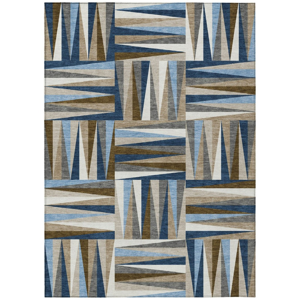 HomeRoots 5' Geometric Area Rug in Navy Blue, Brown & Beige - Stylish, Washable & Durable for Indoor/Outdoor Use 8' X 10' 598283