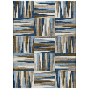 HomeRoots 5' Geometric Area Rug in Navy Blue, Brown & Beige - Stylish, Washable & Durable for Indoor/Outdoor Use 8' X 10' 598283