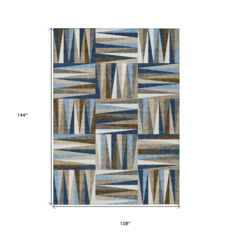 Homeroots 3' Stylish Geometric Beige Gray Ivory Washable Area Rug For Indoor And Outdoor Spaces, Durable Design 9' X 12' Polyester 598284