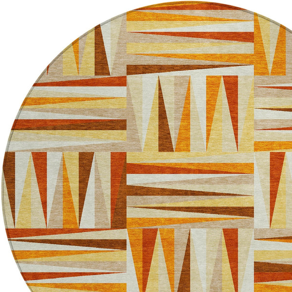 Homeroots 3' Stylish Geometric Beige Gray Ivory Washable Area Rug For Indoor And Outdoor Spaces, Durable Design 8' Round Polyester 598288