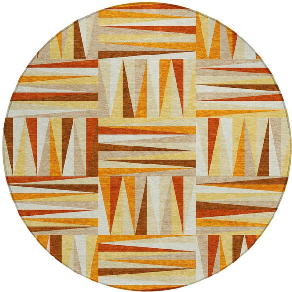 Homeroots 3' Stylish Geometric Beige Gray Ivory Washable Area Rug For Indoor And Outdoor Spaces, Durable Design 8' Round Polyester 598288