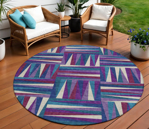 Homeroots 3' Stylish Geometric Beige Gray Ivory Washable Area Rug For Indoor And Outdoor Spaces, Durable Design 8' Round Polyester 598294