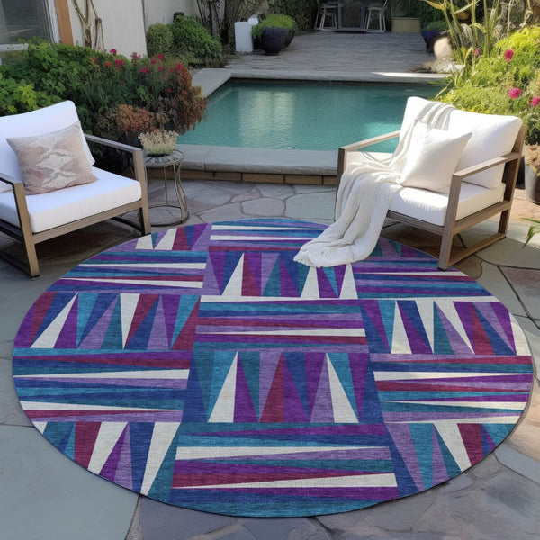 HomeRoots 5' Vibrant Purple, Ivory & Teal Blue Geometric Washable Area Rug for Indoor & Outdoor Spaces 8' Round 598294