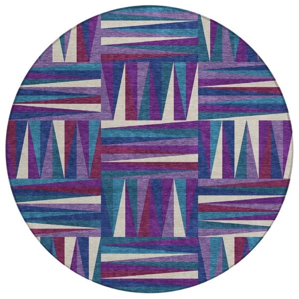 HomeRoots 5' Vibrant Purple, Ivory & Teal Blue Geometric Washable Area Rug for Indoor & Outdoor Spaces 8' Round 598294