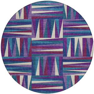 HomeRoots 5' Vibrant Purple, Ivory & Teal Blue Geometric Washable Area Rug for Indoor & Outdoor Spaces 8' Round 598294