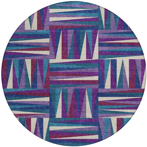 HomeRoots 5' Vibrant Purple, Ivory & Teal Blue Geometric Washable Area Rug for Indoor & Outdoor Spaces 8' Round 598294