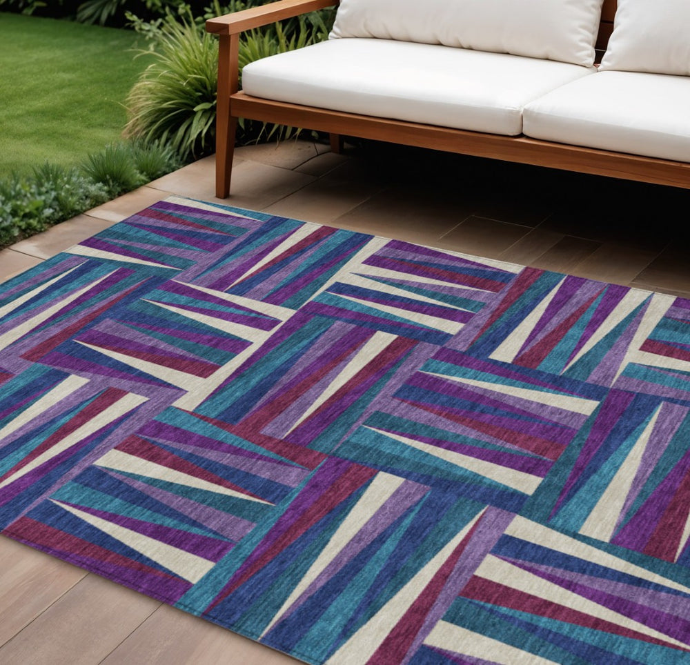 HomeRoots 9' X 12' Geometric Washable Area Rug in Purple, Ivory & Teal – Perfect for Indoor & Outdoor Use! 598296
