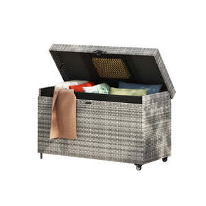 English Elm K&K 200 Gallon Wicker Deck Box with Lockable Lid, Hydraulic Pistons, Wheels, Weatherproof Storage Grey N707P245457G