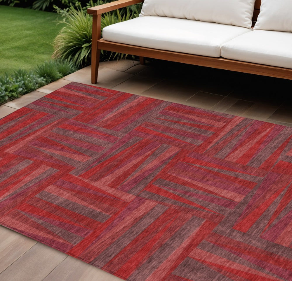 HomeRoots 9' X 12' Geometric Red and Brown Washable Area Rug - Indoor/Outdoor, Durable, Stylish, Easy Care! 598302