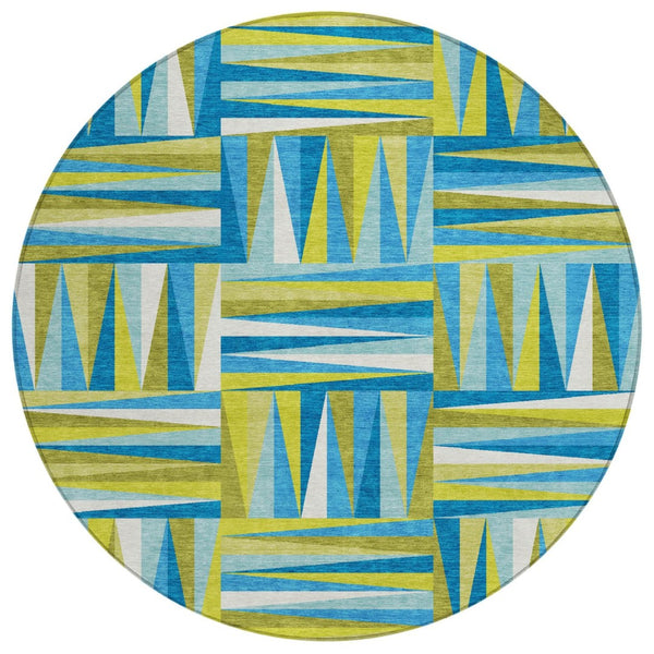 HomeRoots 5' Teal Blue Green and Ivory Geometric Area Rug - Stylish, Durable, Washable for Indoor & Outdoor Use 8' Round 598306