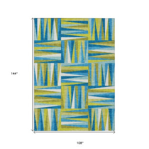 Homeroots 3' Stylish Geometric Beige Gray Ivory Washable Area Rug For Indoor And Outdoor Spaces, Durable Design 9' X 12' Polyester 598308