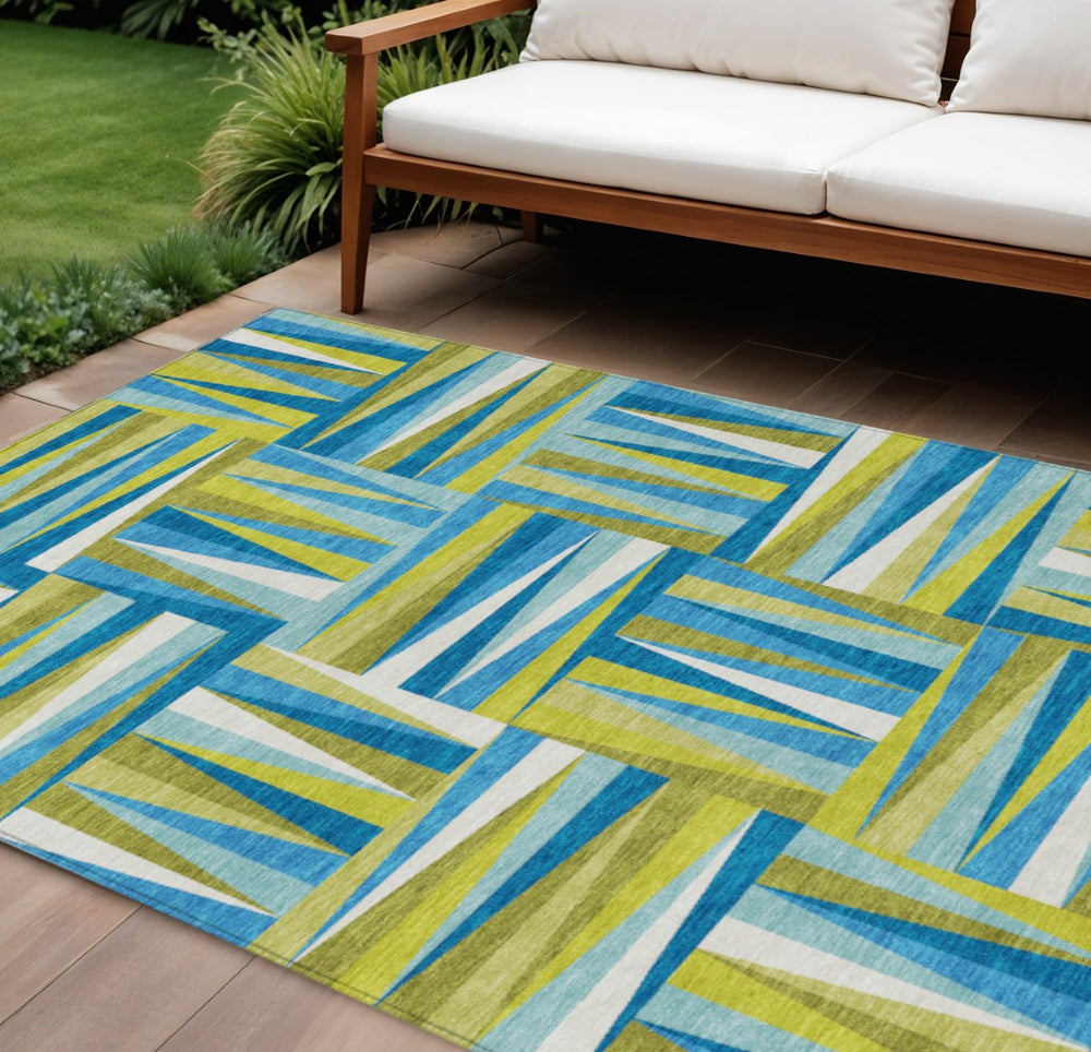 HomeRoots 9' X 12' Geometric Indoor Outdoor Area Rug in Teal Blue Green Ivory – Durable, Washable, Stylish Decor! 598308