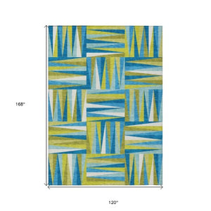 Homeroots 3' Stylish Geometric Beige Gray Ivory Washable Area Rug For Indoor And Outdoor Spaces, Durable Design 10' X 14' Polyester 598309