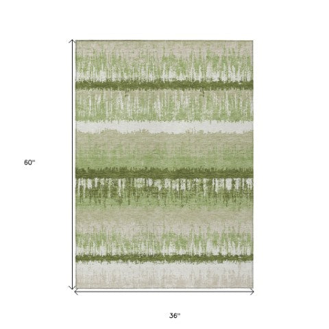 Homeroots 3' Striped Artichoke Green Beige Ivory Washable Area Rug For Indoor Outdoor Spaces, Durable Design 3' X 5' Polyester 598310