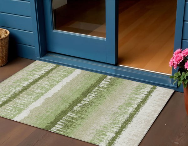 Homeroots 3' Striped Artichoke Green Beige Ivory Washable Area Rug For Indoor Outdoor Spaces, Durable Design 3' X 5' Polyester 598310