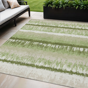 Homeroots 3' Striped Artichoke Green Beige Ivory Washable Area Rug For Indoor Outdoor Spaces, Durable Design 5' X 8' Polyester 598311