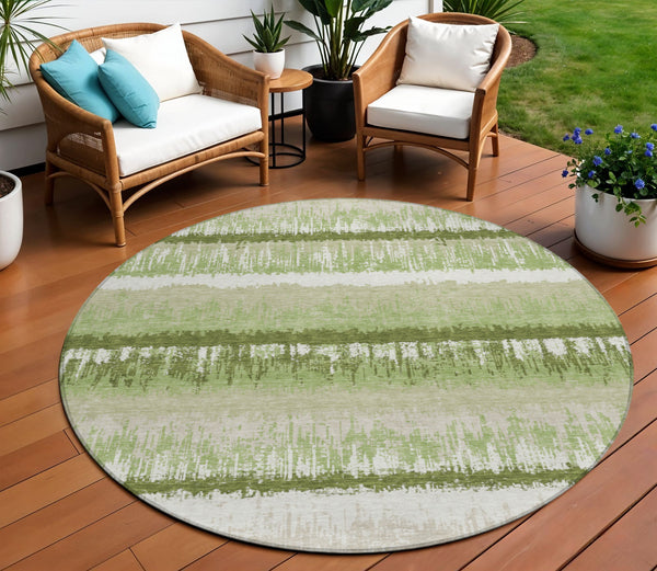 Homeroots 3' Striped Artichoke Green Beige Ivory Washable Area Rug For Indoor Outdoor Spaces, Durable Design 8' Round Polyester 598312