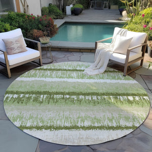 Homeroots 3' Striped Artichoke Green Beige Ivory Washable Area Rug For Indoor Outdoor Spaces, Durable Design 8' Round Polyester 598312
