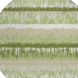 Homeroots 3' Striped Artichoke Green Beige Ivory Washable Area Rug For Indoor Outdoor Spaces, Durable Design 8' Round Polyester 598312