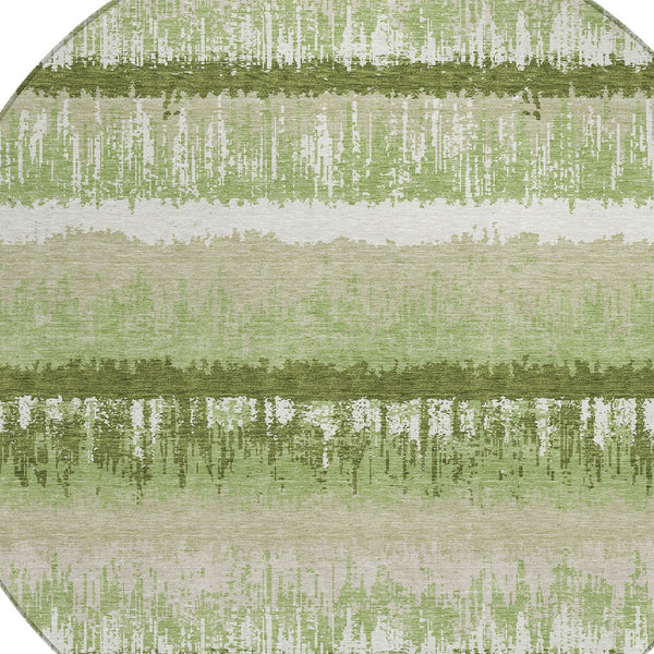 Homeroots 3' Striped Artichoke Green Beige Ivory Washable Area Rug For Indoor Outdoor Spaces, Durable Design 8' Round Polyester 598312