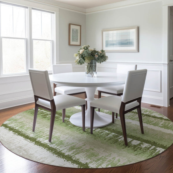 Homeroots 3' Striped Artichoke Green Beige Ivory Washable Area Rug For Indoor Outdoor Spaces, Durable Design 8' Round Polyester 598312