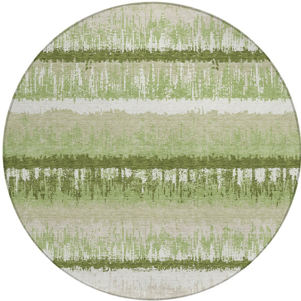 Homeroots 3' Striped Artichoke Green Beige Ivory Washable Area Rug For Indoor Outdoor Spaces, Durable Design 8' Round Polyester 598312